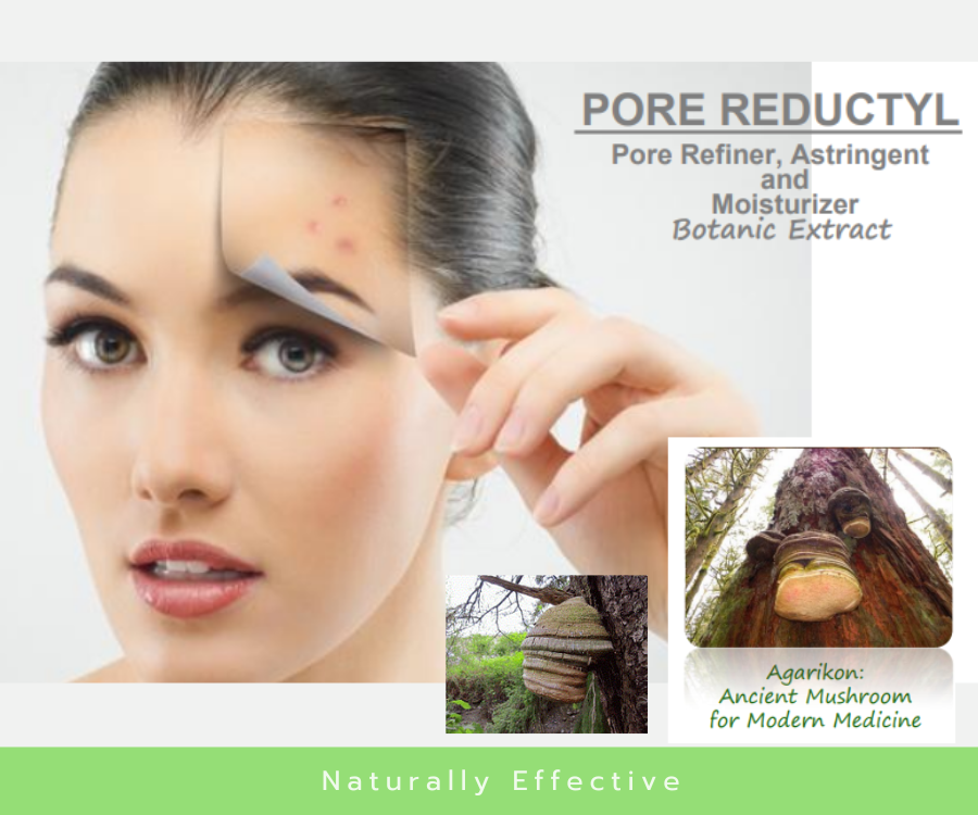 PORE REDUCTYL สารสกัดเห็ด Fomes officinalis อุดมด้วยAgaric acid กระชับรูขุมขน ควบคุมความมัน ช่วยผิวเรียบเนียนขึ้น ใช้กับผิวหน้าและหนังศีรษะ